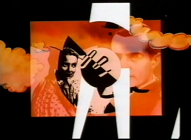 Orange card crossed by two white wedges, painted clouds either side, split circle at centre