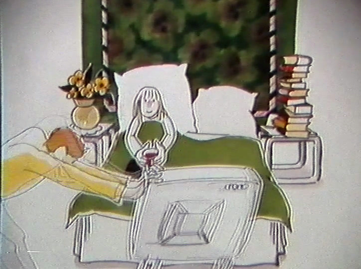 He wheels a television to the bed where she sits propped up with a drink.