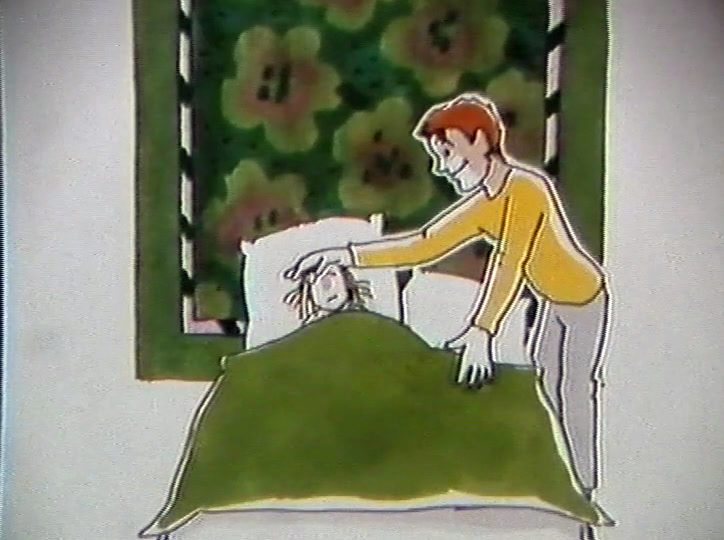 A man in a yellow jumper leans over someone lying in bed, patterned curtain behind.
