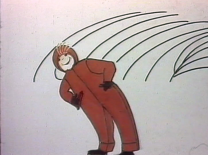A child in a red-brown snowsuit leans into the wind, curved lines streaking past.