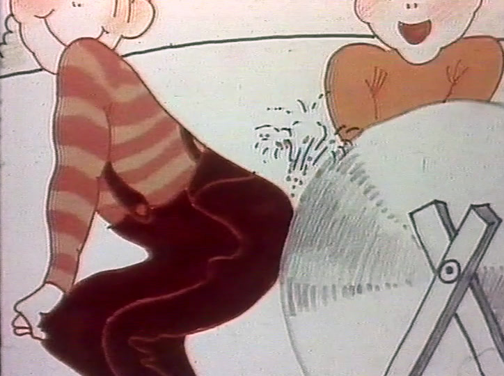 Two drawn children by a grindstone; one presses his trousers to the turning wheel, sparks flying.