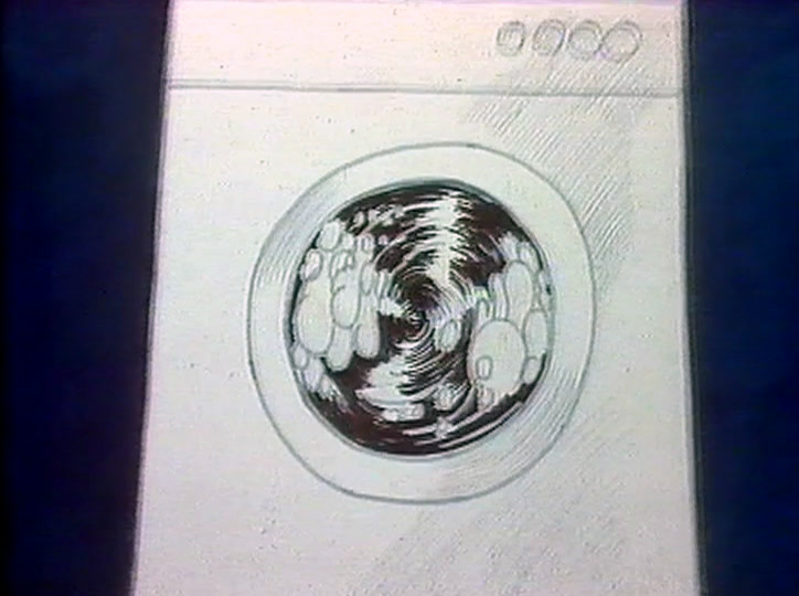 A washing machine drawn white on deep blue, clothes churning behind the round door.