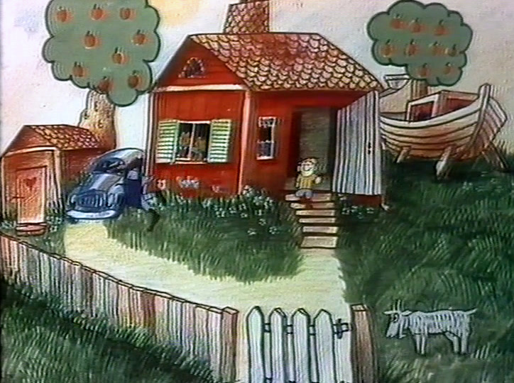 Closer on the house, a woman in an apron waves from the doorway; video damage streaks the bottom.