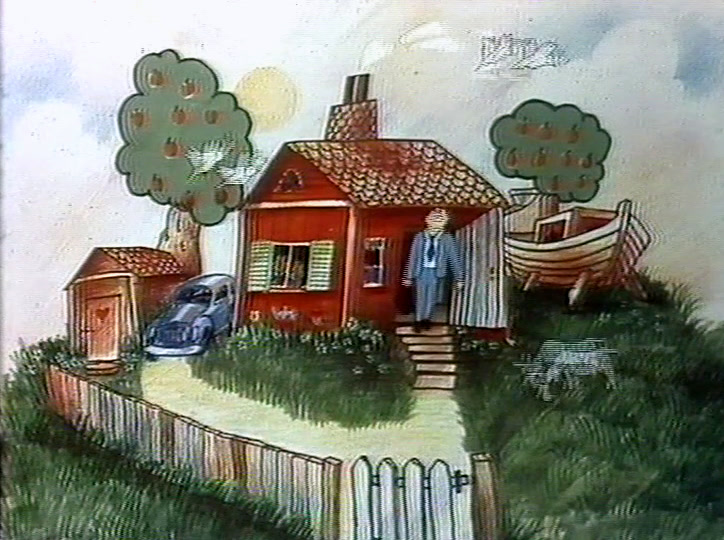 A small figure stands by the steps, a car beside the house and a boat behind it.