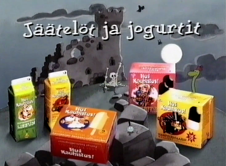 The full pack range on the rocks under the hand-lettered caption Jäätelöt ja jogurtit