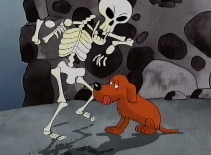The skeleton has collapsed into a heap of bones, the dog’s tail leaving the frame