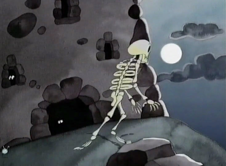 The skeleton throws up its hands as a small brown dog trots towards it