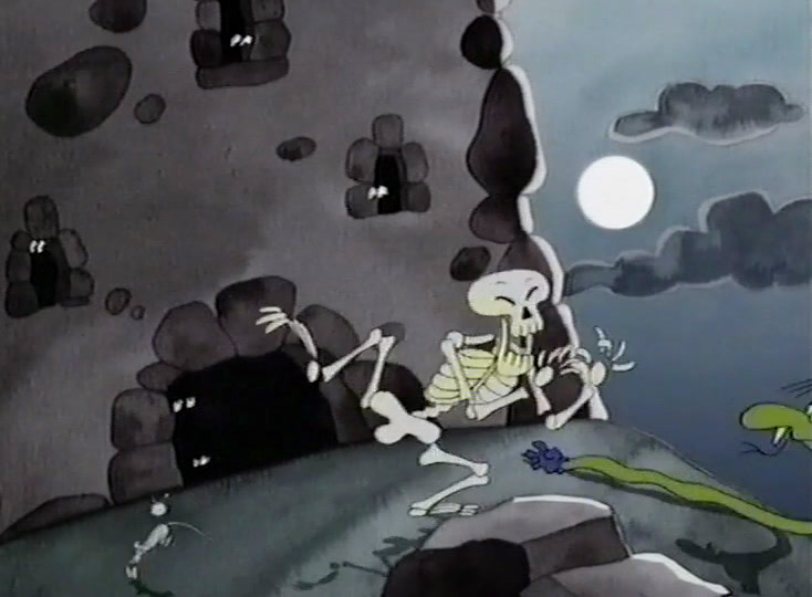 A skeleton walks a rocky hillside under a full moon, eyes watching from the stones