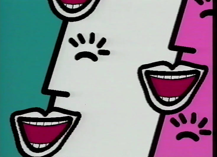 Cut-out mouths in heavy black line grin across teal, white and pink panels.