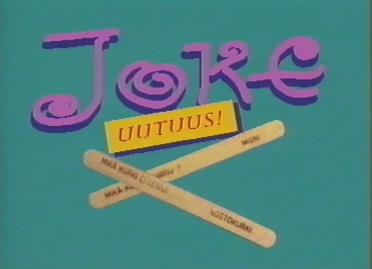 The Joke logo in purple script above a UUTUUS! flash and two crossed lolly sticks with riddles.
