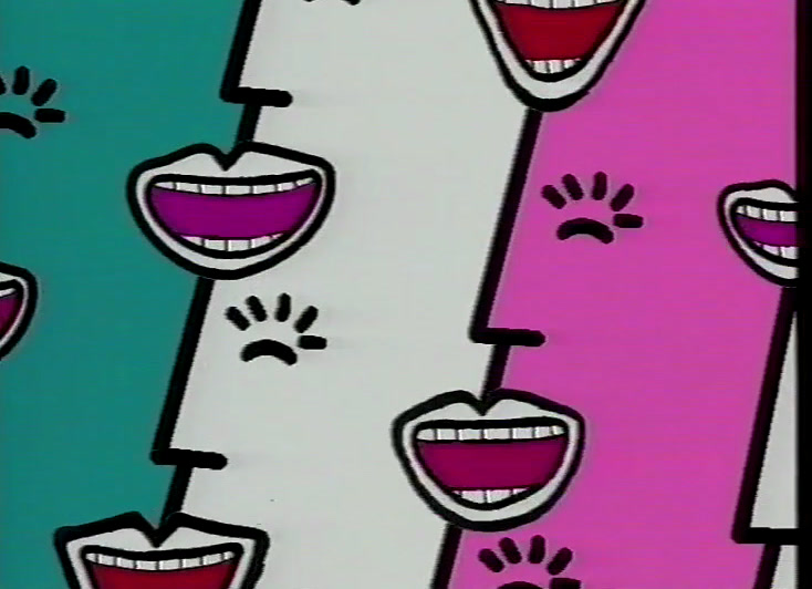 Rows of open mouths and laughter dashes tile the pink, white and teal stripes.