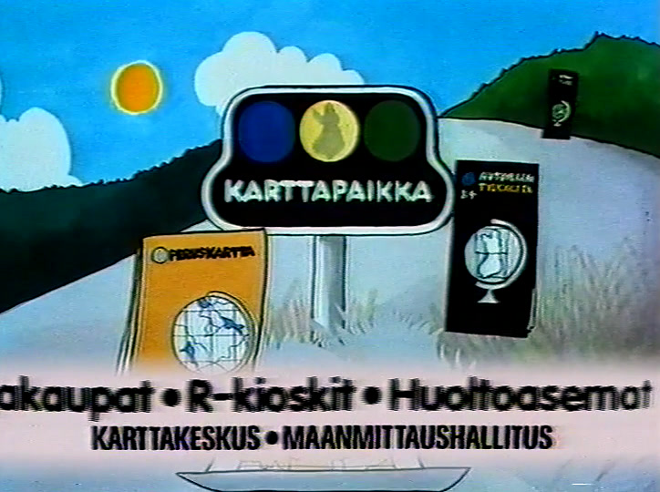 Four map covers line up under a Karttapaikka sign, stockists scrolling below.