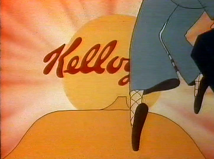 The Kellogg’s script logo on a rising sun as legs stride over a hill.