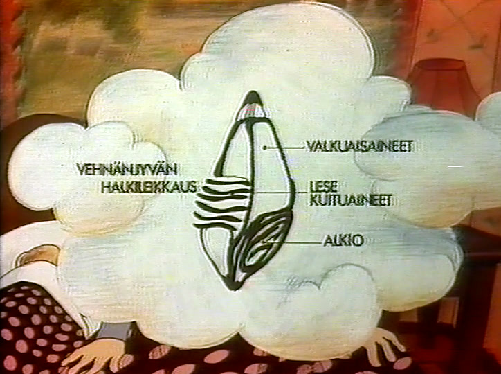A thought cloud over the bed holds a labelled diagram of a wheat grain in section.