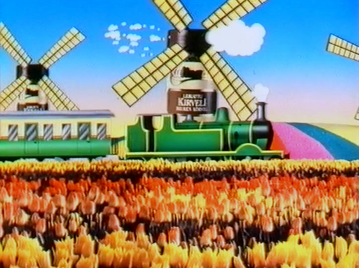 Painted scene of two windmills, a green steam train and a field of orange tulips.