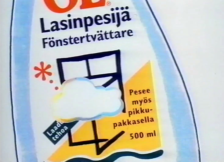 The Yleispuhdistaja bottle on pale blue, a drawn splash across its label.