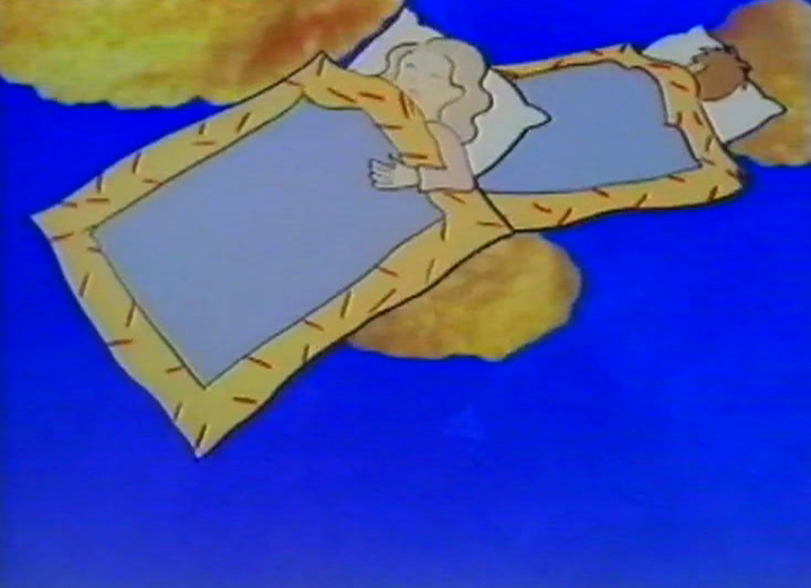 Two children asleep in beds that float on blue among drifting cornflakes.