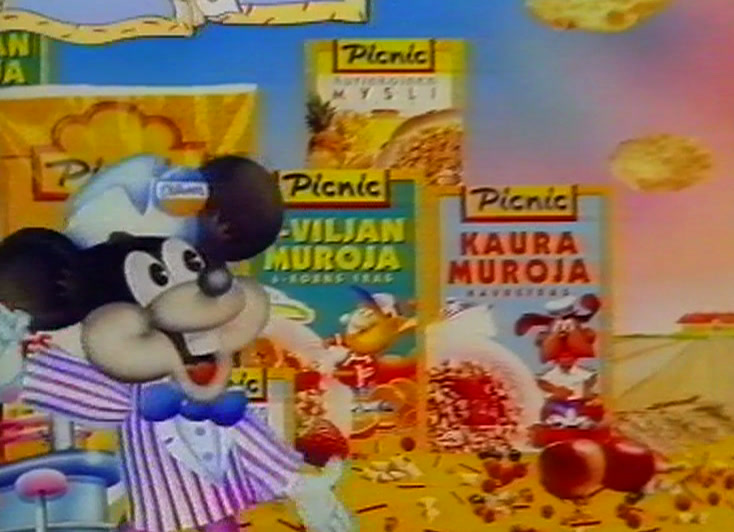 Two large drawn children raise their arms in front of the packs and the cartoon characters.