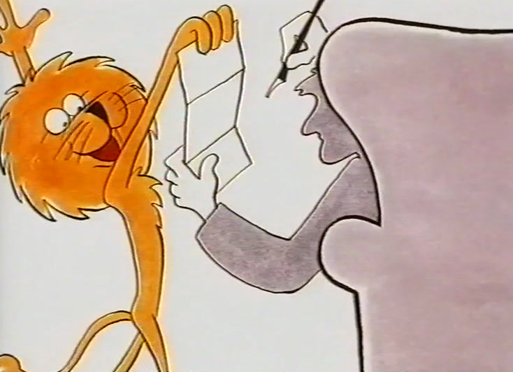 Arms in the air, the lion cheers as a grey figure carries an envelope out of a door.