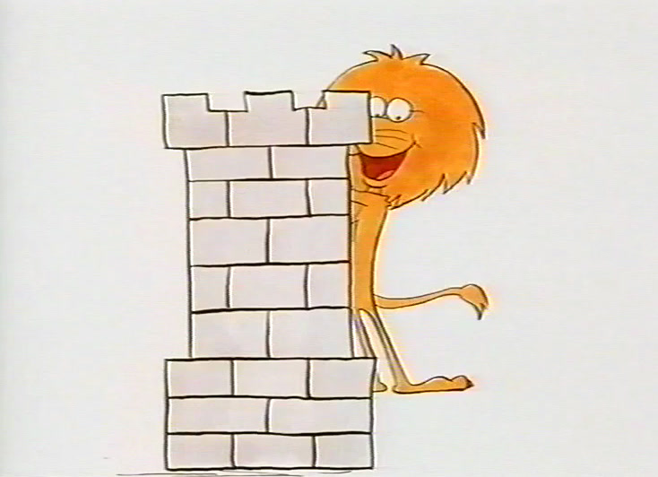 The drawn brick wall bursts open, bricks flying, an orange cloud above the break.