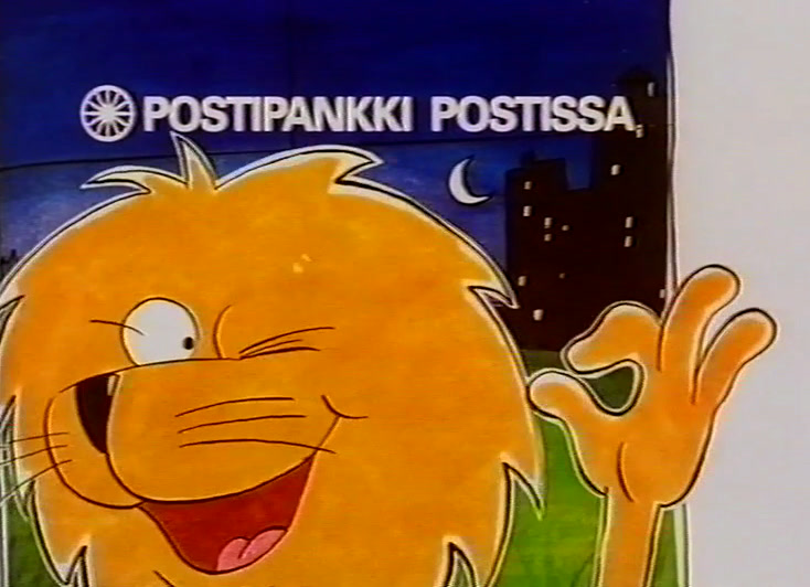 Grinning lion beside the caption POSTIPANKKI POSTISSA, one paw raised.