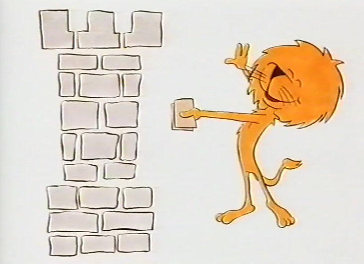 An orange drawn lion peers round a white brick tower, tongue out, on paper-white ground.
