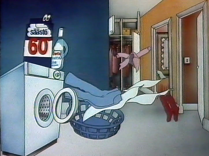 Clothes fly through a drawn laundry room towards a washing machine with the Serto pack on top.