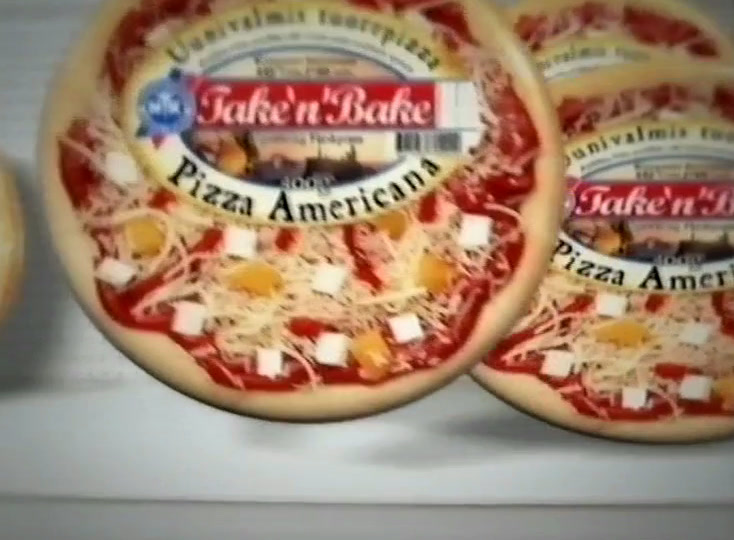 A row of Americana pizzas on the shelf, cheese and topping under clear film