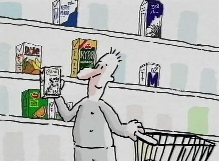 Back at the shelf, he holds a carton with drawn milk and juice packs ranked around him