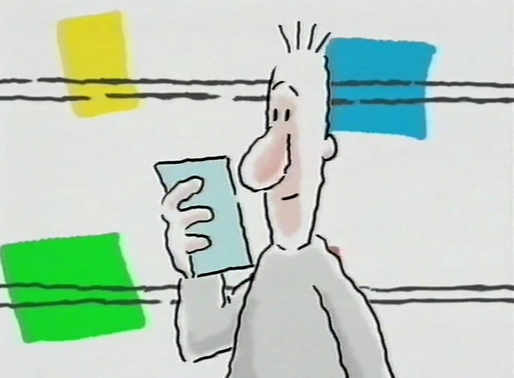A drawn shopper pushes a trolley past a supermarket shelf sketched in blocks of colour