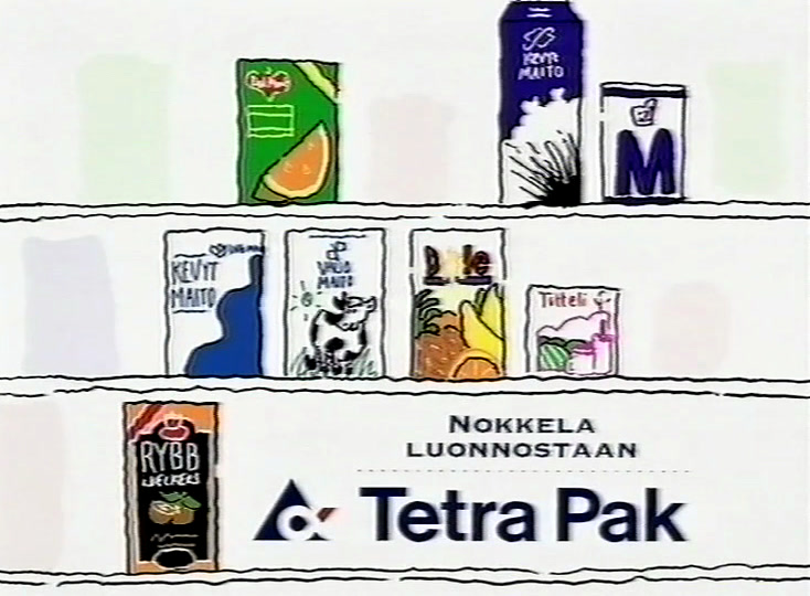 End card: a shelf of drawn cartons beside the Tetra Pak logo and the line Nokkela luonnostaan