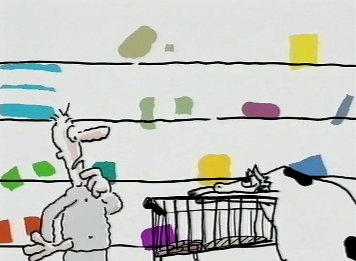 The shopper recoils as the cow leans her head into his shopping trolley