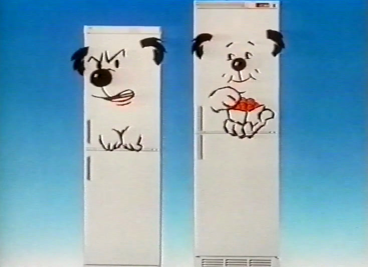 The taller cabinet cups drawn red strawberries in its paw while the shorter one looks on.