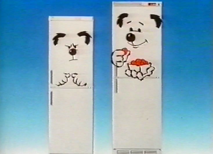 Two white UPO cabinets on blue, drawn dog-like faces on their doors, one paw reaching out.