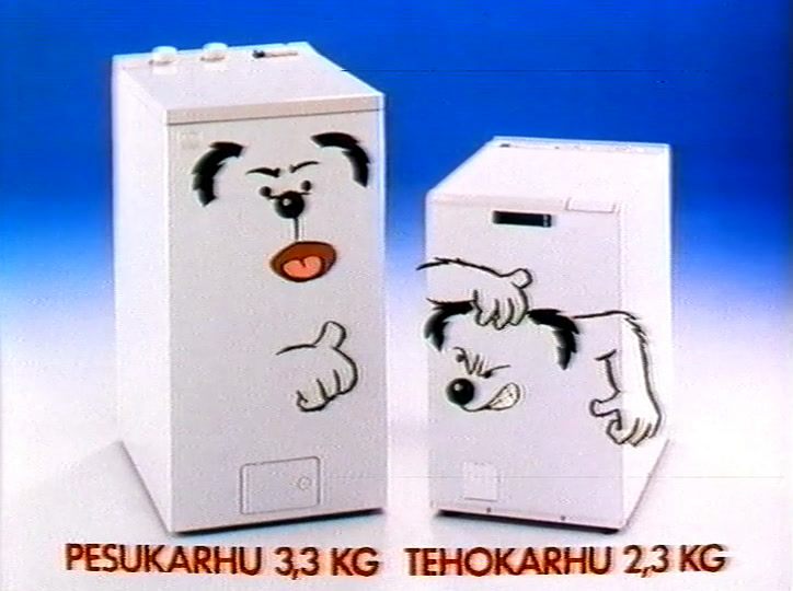 Two white washing machines on blue, each with a drawn cartoon face; a red caption gives their loads.