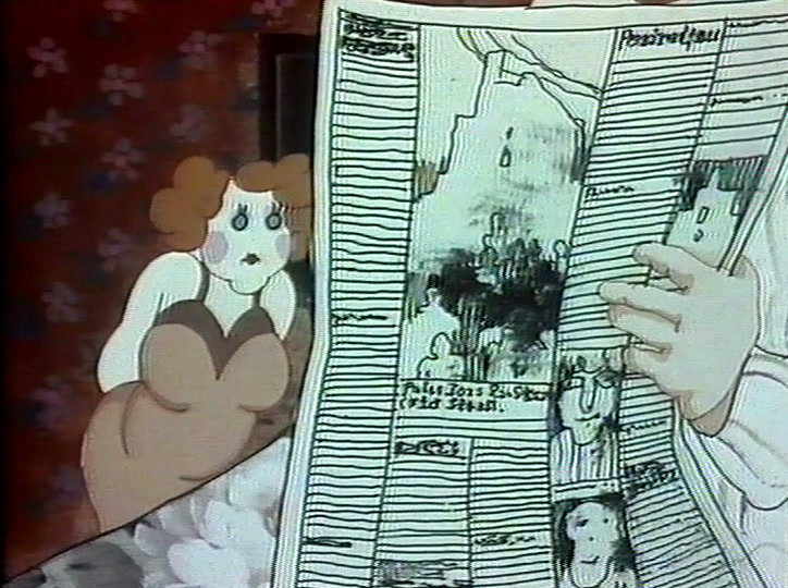 The man holds up a newspaper drawn with squiggled pretend text; the woman sits behind him.