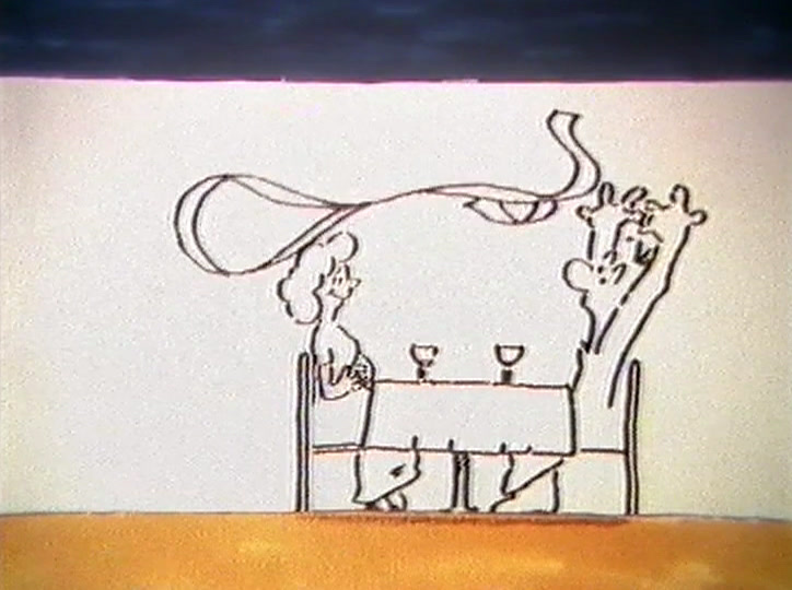 One long looping line sweeps from a raised plate across the diners’ table.