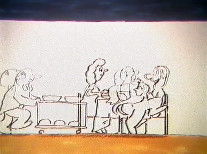 A stout cook walks past the table while a waiter leans in with bottles.