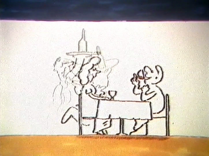 A waiter carries a bottle on a tray to a couple drawn in outline at a table.