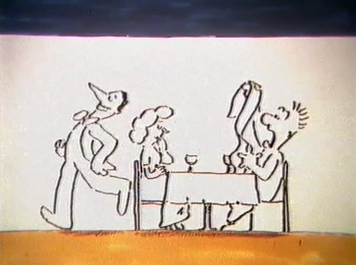 A waiter in a wide hat serves the table, a woman seated opposite him.