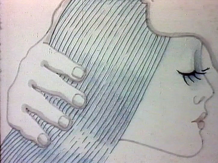 A hand smooths the hair down beside a drawn profile with a closed eye and long lashes.