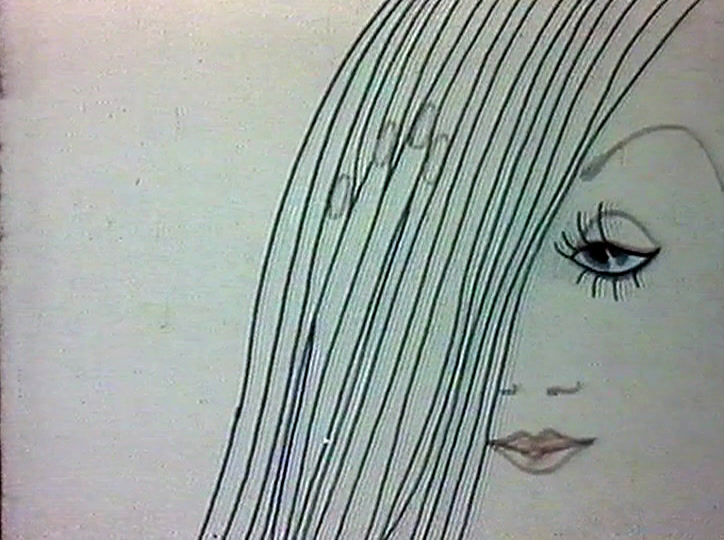 Long drawn lines of hair fall past a girl’s face, one eye and her lips visible.