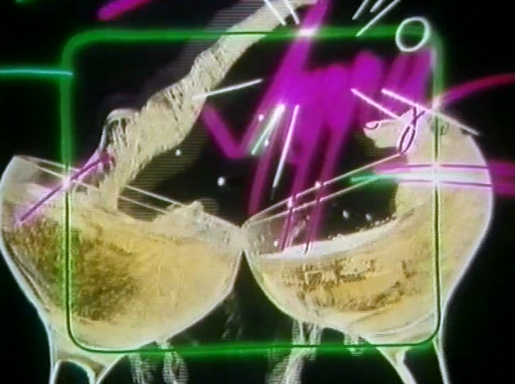 Glasses meet as loops of pink neon scribble fly across the frame.