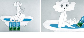 Two original artworks from the Vivante commercial shown in the exhibition: figures in bathtubs, three Vivante tubes in front of one bath and a tube held up in the other