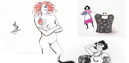 A selection of drawings shown in Film & Strip — a nude figure with apple, a woman with a market basket, a laughing woman in an armchair