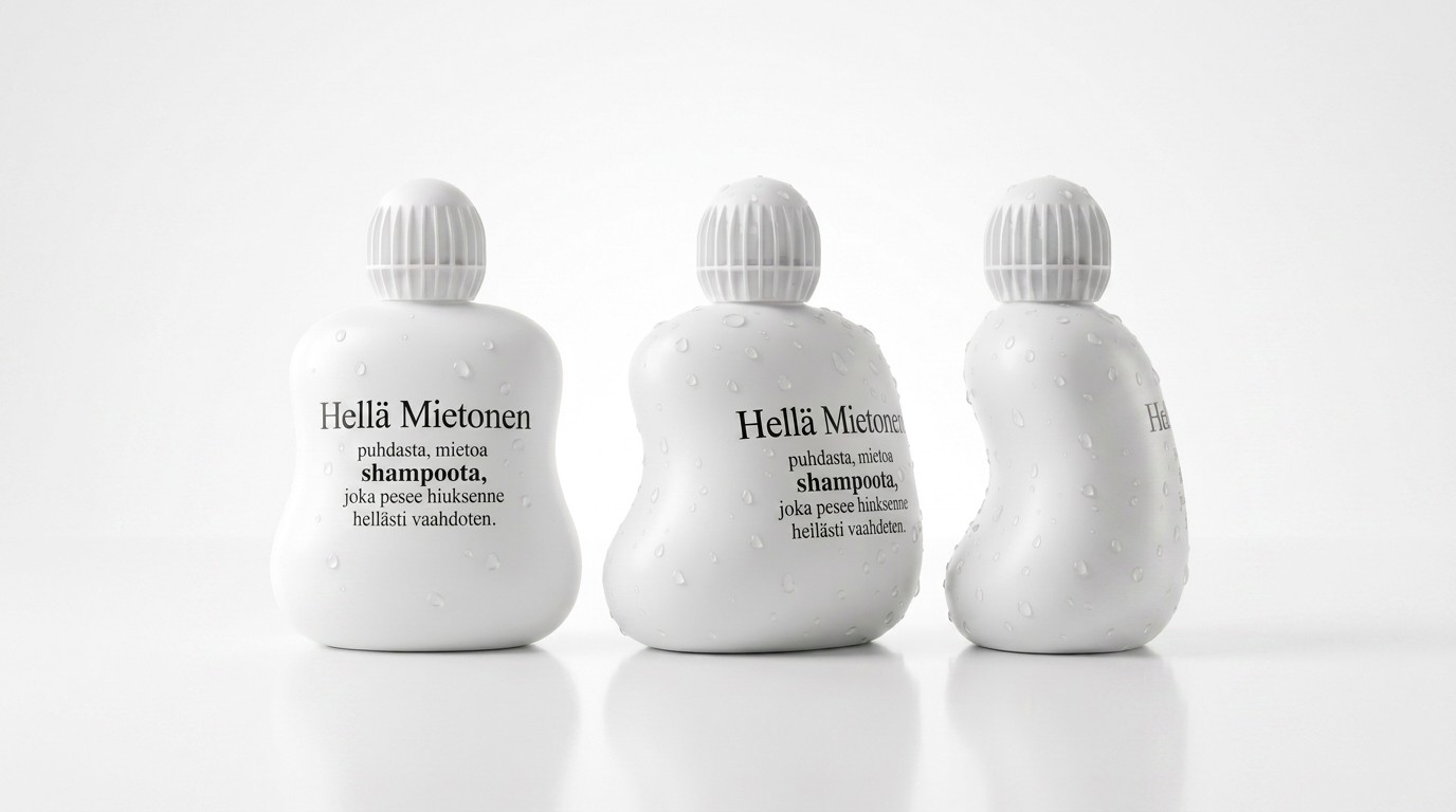 Three white Hellä Mietonen shampoo bottles in a row, beaded with water, each with a fluted spherical cap