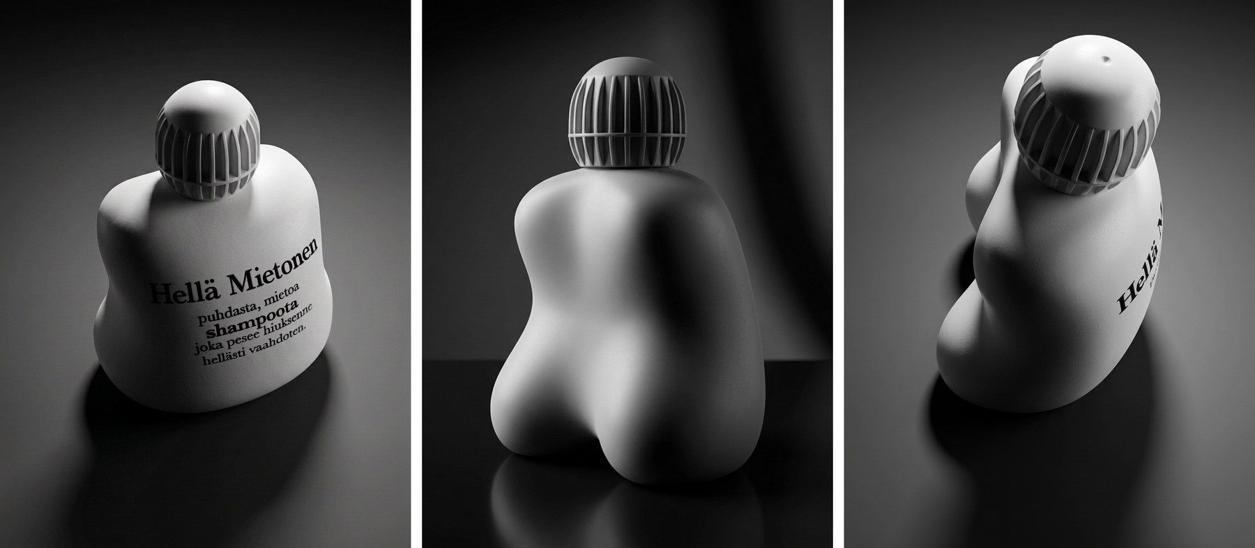 The Hellä Mietonen bottle in three views on a dark ground: the front with its label, the back with no graphics, and looking down onto the ribbed cap