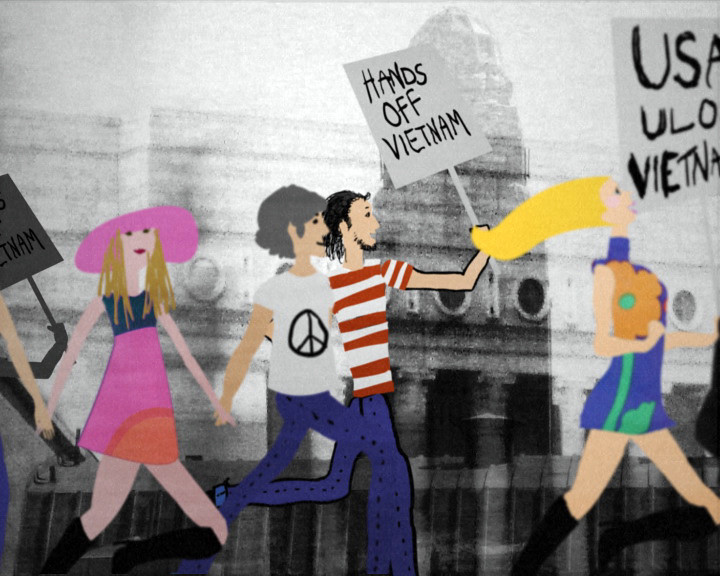 Still from Learned by Heart — anti-Vietnam protest