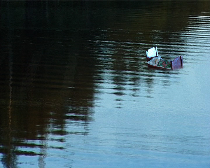 A red accordion floats on a still lake at dusk, trees reflected in the water.