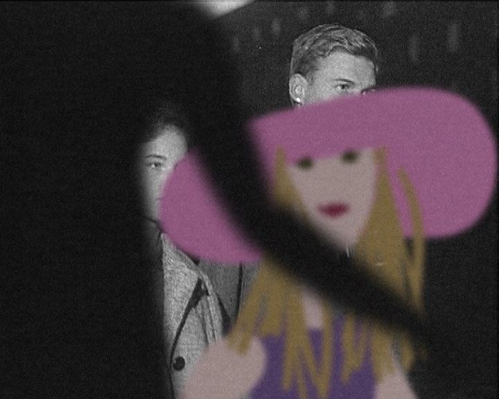 A drawn blonde woman in a pink hat over a grainy photograph of two young men.